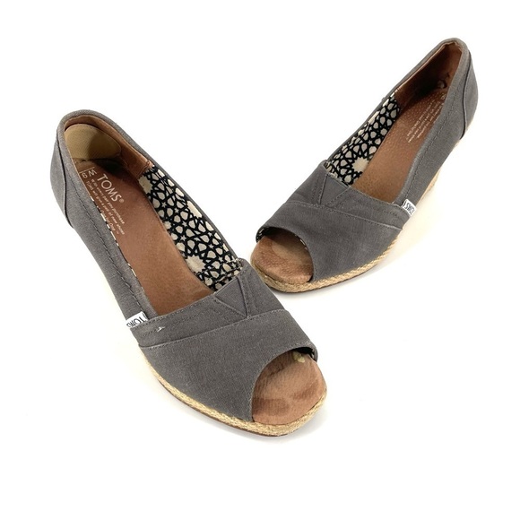 TOMS Calypso Ashgray Espadrille Peep Toe Wedge Comfort Canvas Heel - Picture 1 of 8